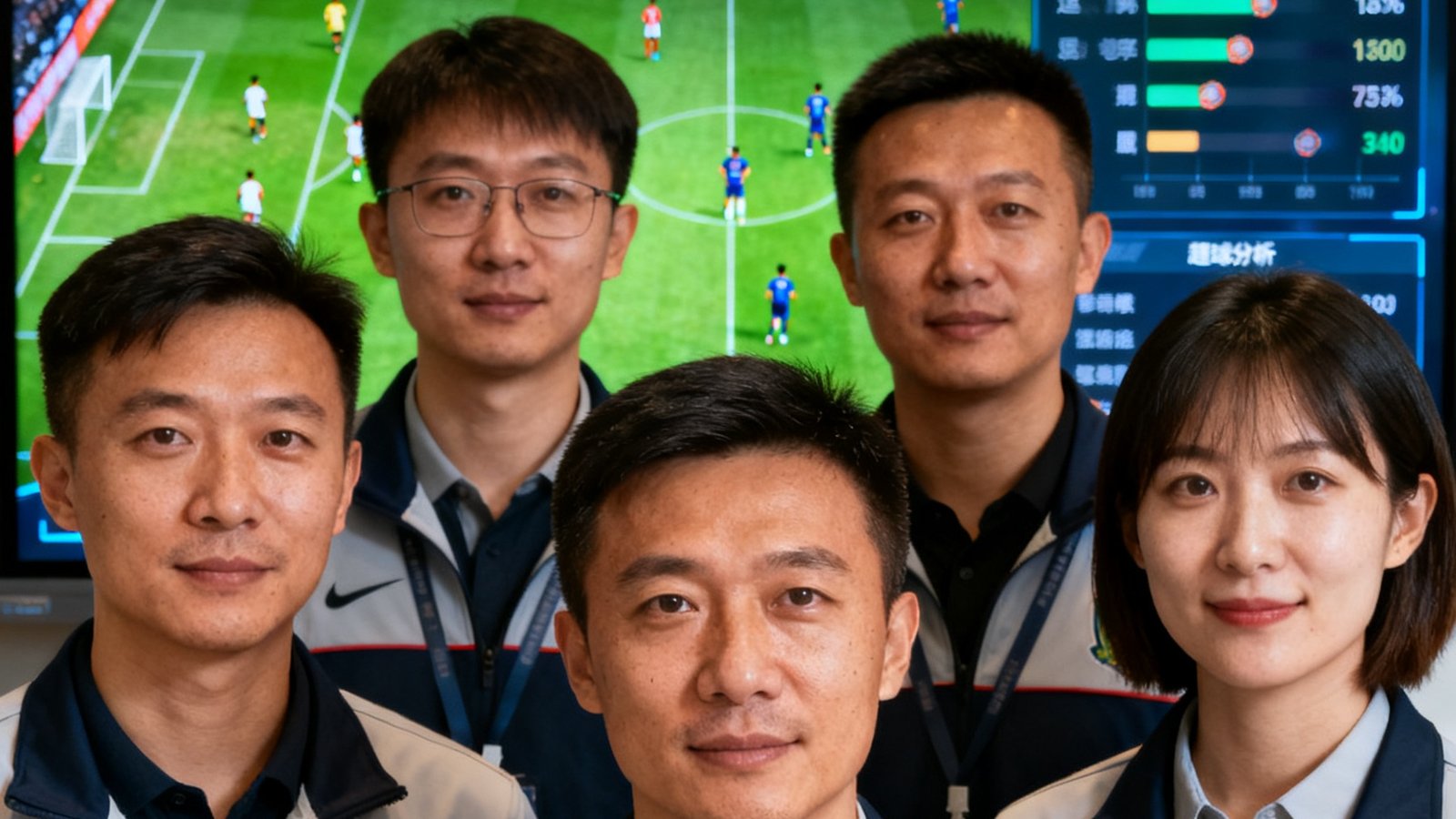 中国足球网核心团队在数据大屏前的合照，背景显示实时比分和数据分析界面
